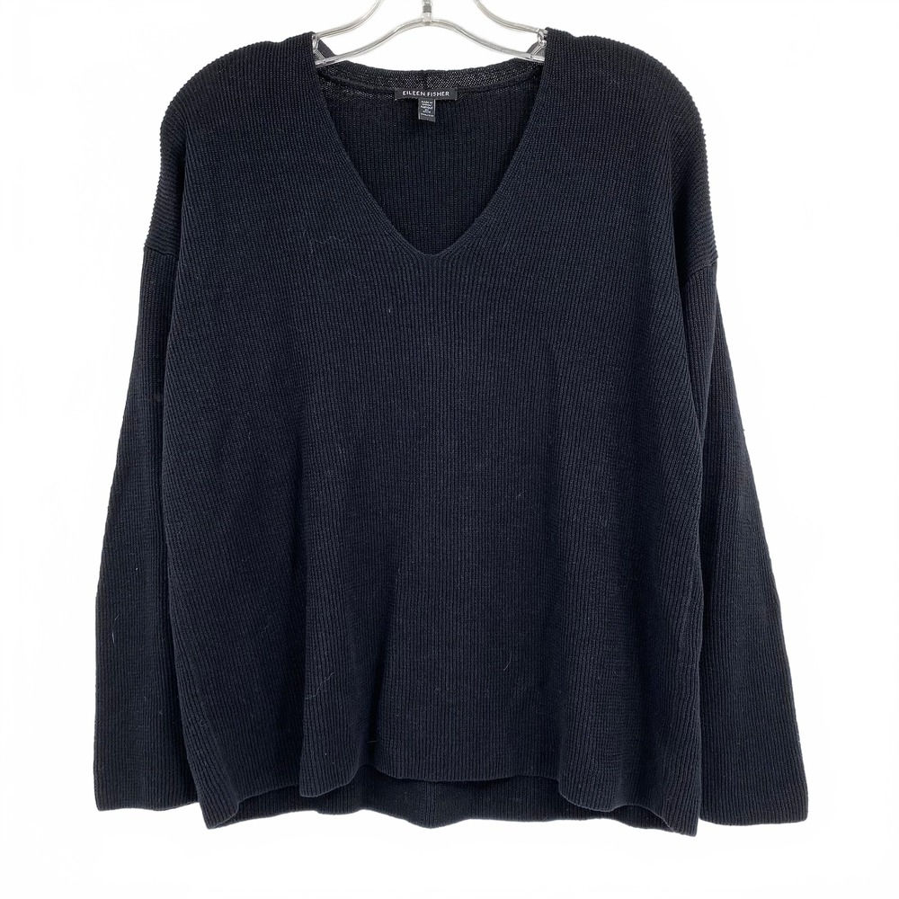 Eileen Fisher Black Linen & Cotton Knit V-Neck Sweater | XXS Regular
